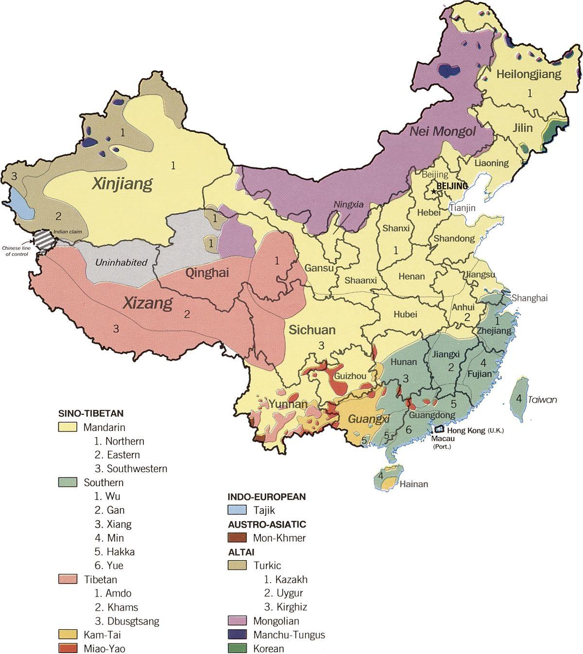 Kiinan kielen kartta - Kieli kartta Kiina (Itä-Aasia - Aasia)