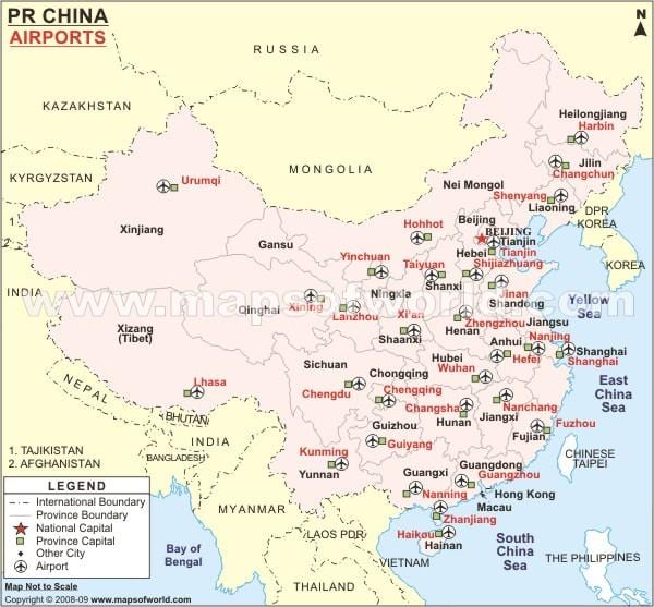 Kiinan kansainväliset lentokentät kartta